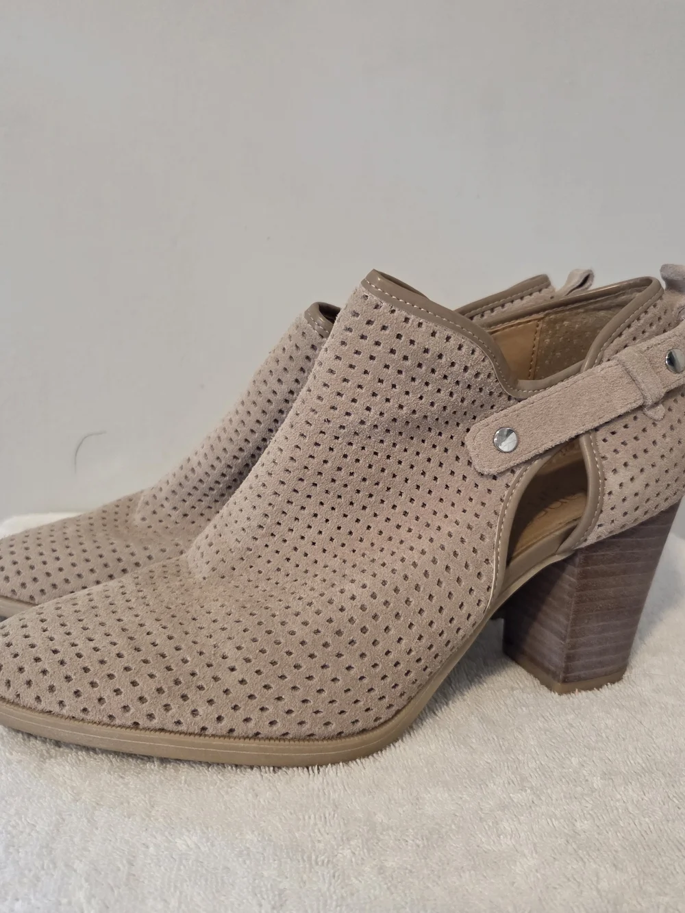 Franco Sarto Perforated Suede Block Heel Booties - Taupe